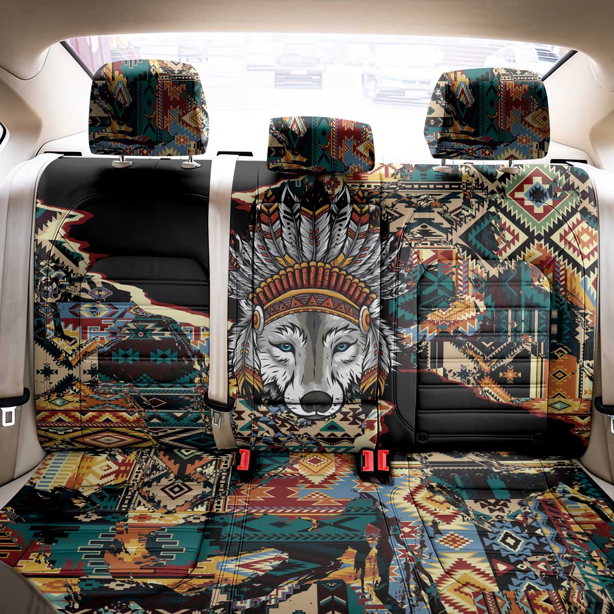 Native American Navajo Wolf Back Car Seat Cover Grunge Pattern