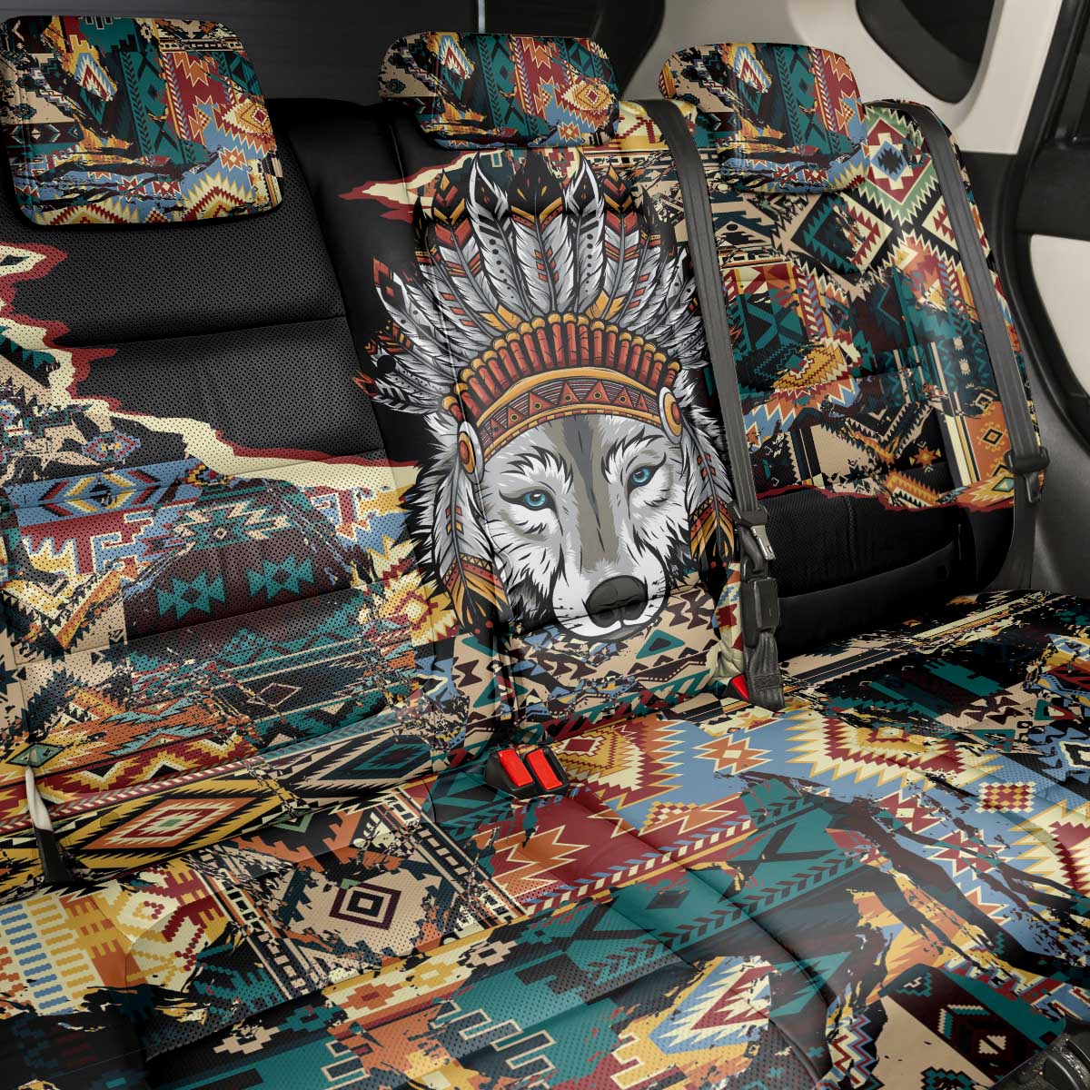 Native American Navajo Wolf Back Car Seat Cover Grunge Pattern