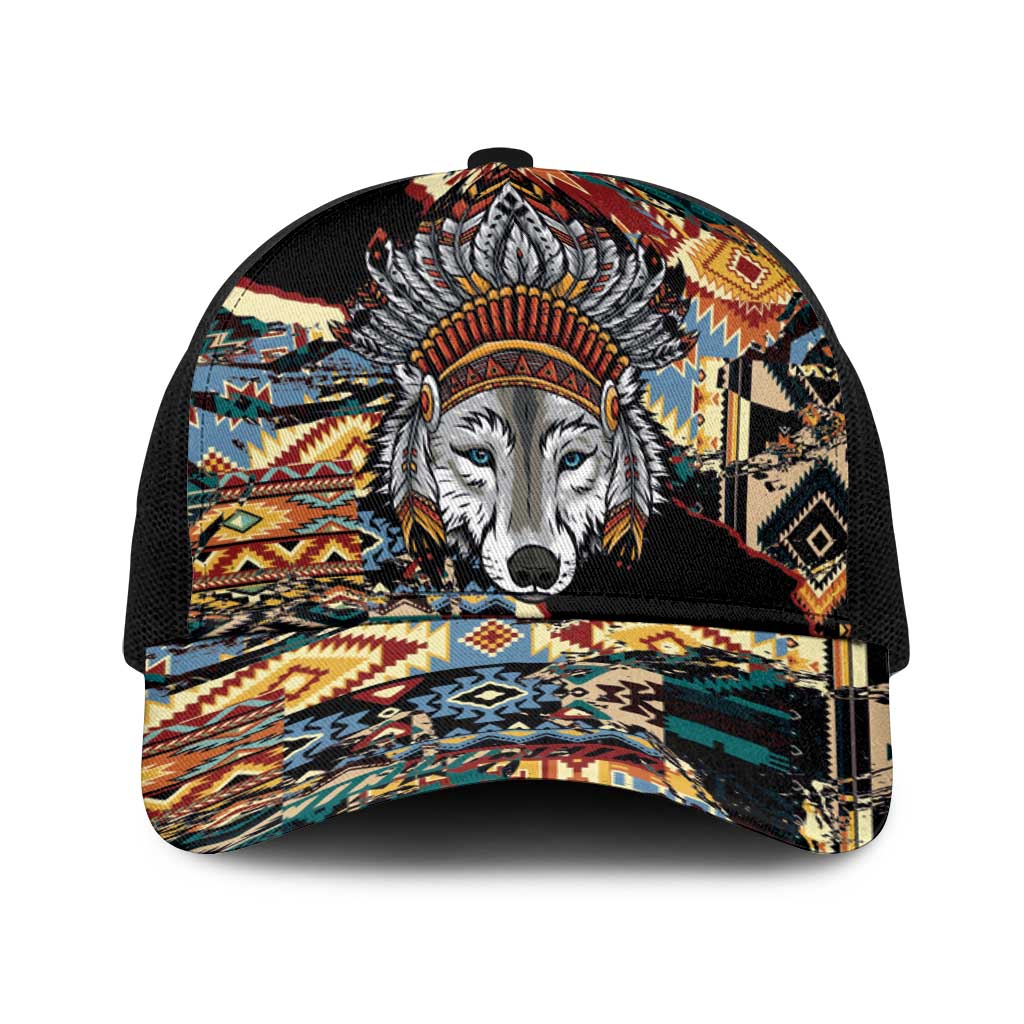 Native American Navajo Wolf Baseball Net Cap Grunge Pattern
