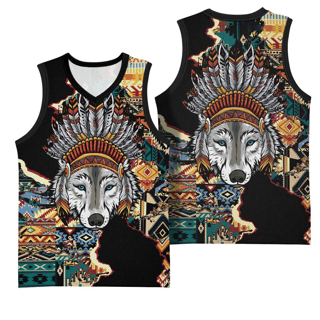 Native American Navajo Wolf Basketball Jersey Grunge Pattern