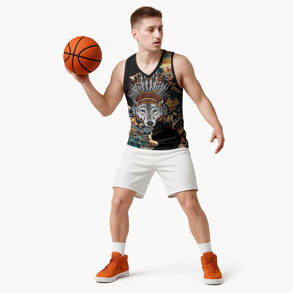 Native American Navajo Wolf Basketball Jersey Grunge Pattern