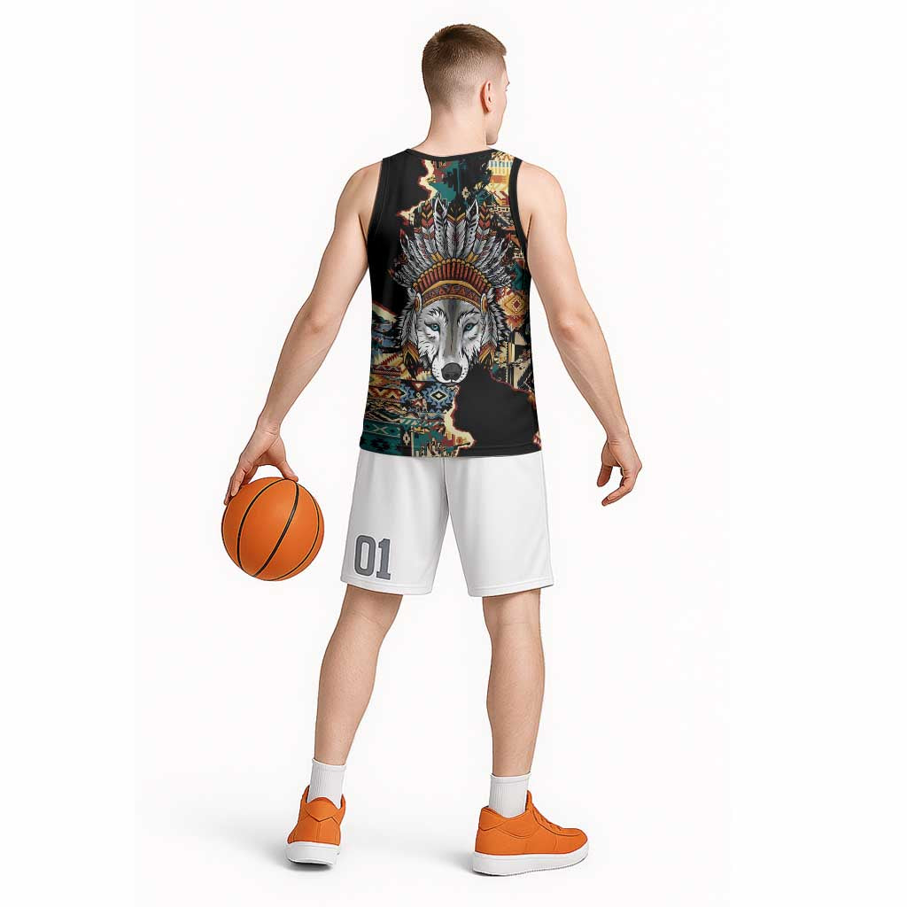 Native American Navajo Wolf Basketball Jersey Grunge Pattern