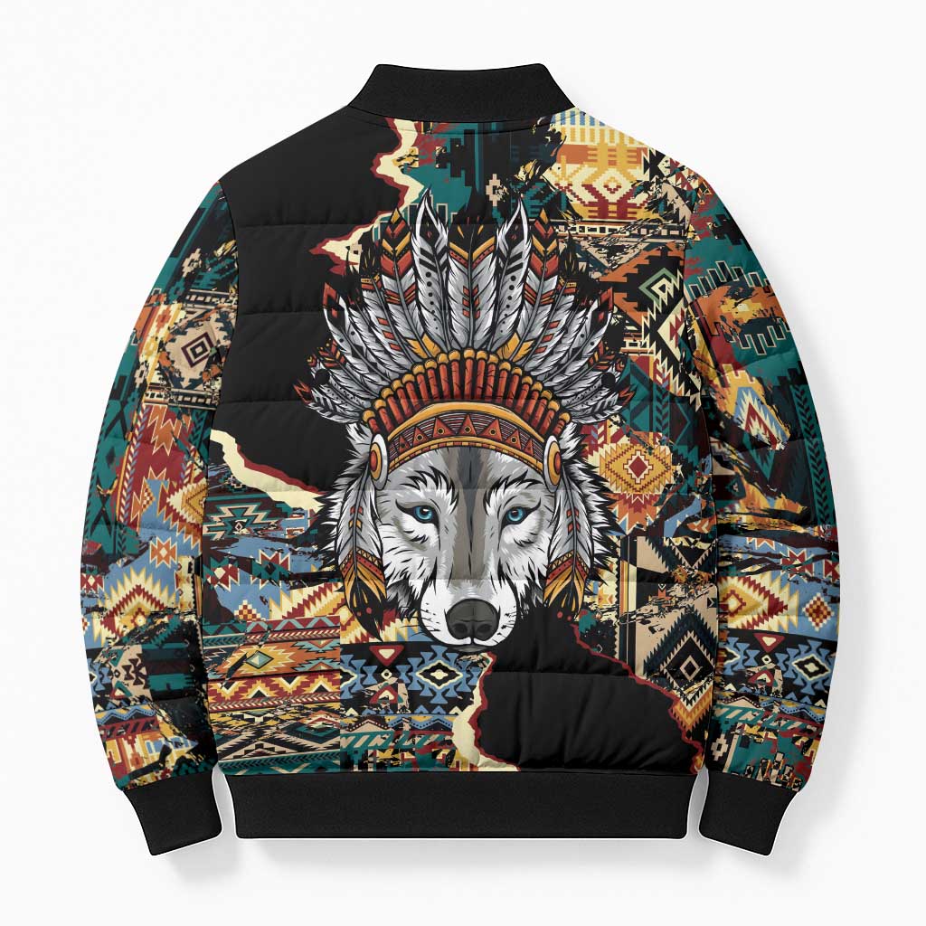 Native American Navajo Wolf Bomber Puffer Jacket Grunge Pattern
