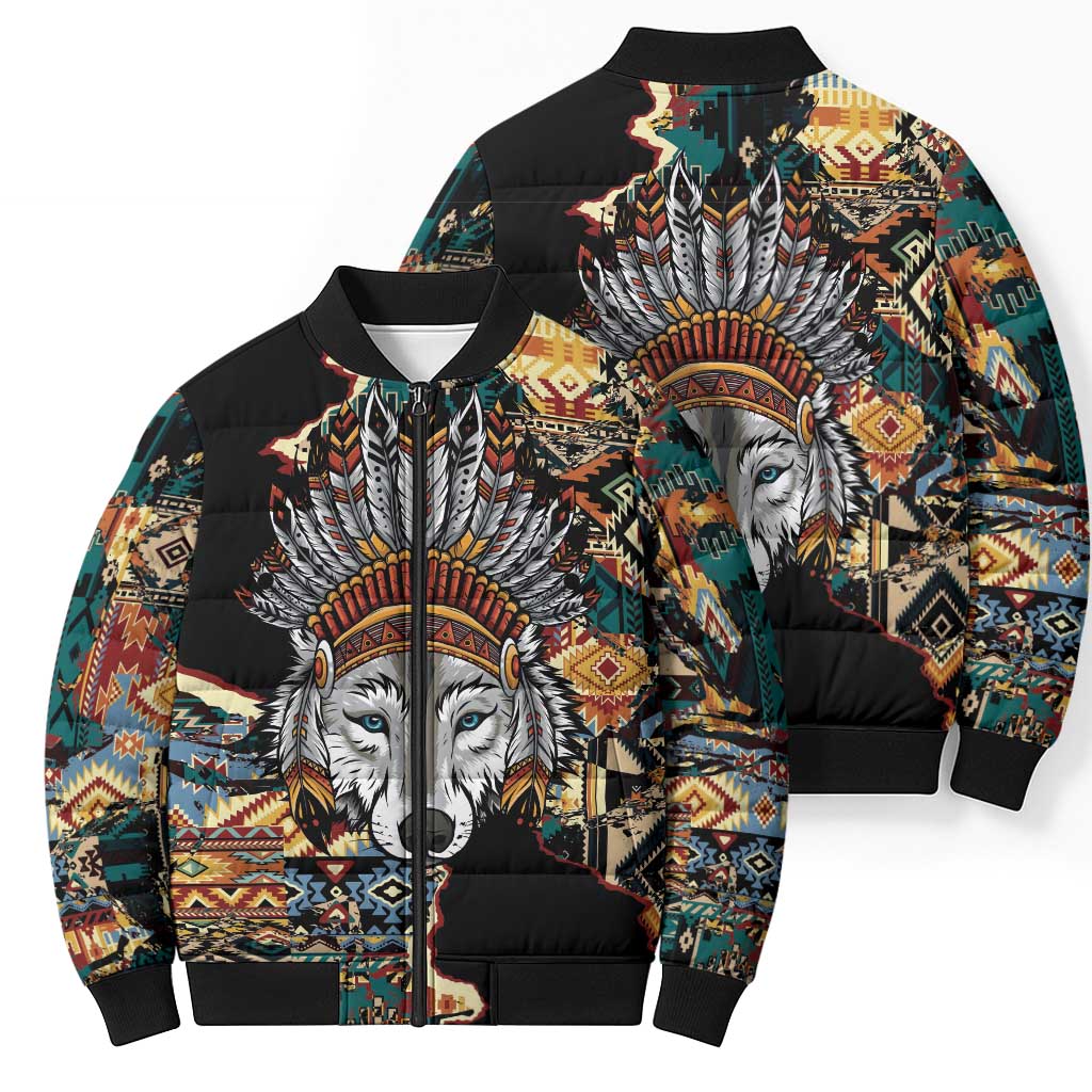 Native American Navajo Wolf Bomber Puffer Jacket Grunge Pattern