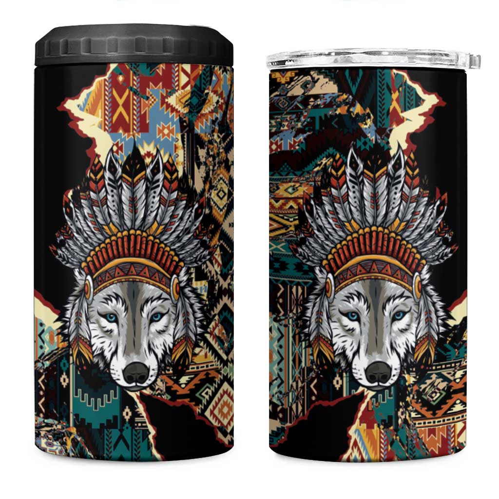 Native American Navajo Wolf 4 in 1 Can Cooler Tumbler Grunge Pattern