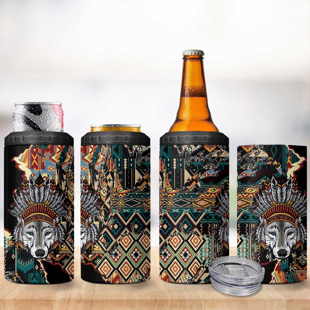 Native American Navajo Wolf 4 in 1 Can Cooler Tumbler Grunge Pattern
