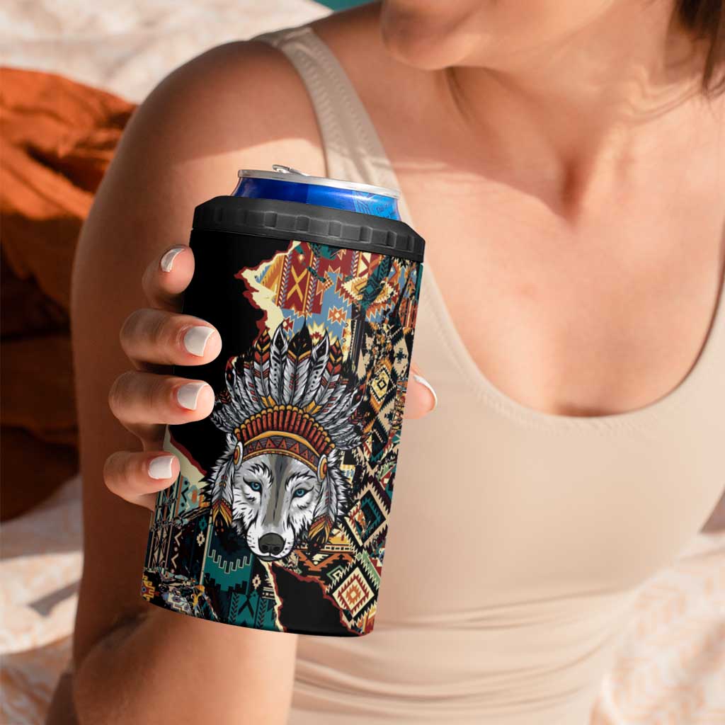 Native American Navajo Wolf 4 in 1 Can Cooler Tumbler Grunge Pattern