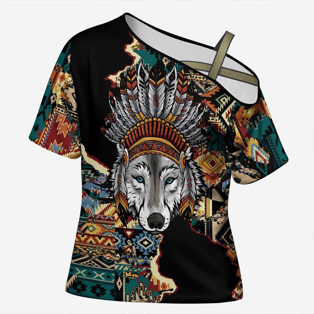 Native American Navajo Wolf Cross Shoulder Shirt Grunge Pattern
