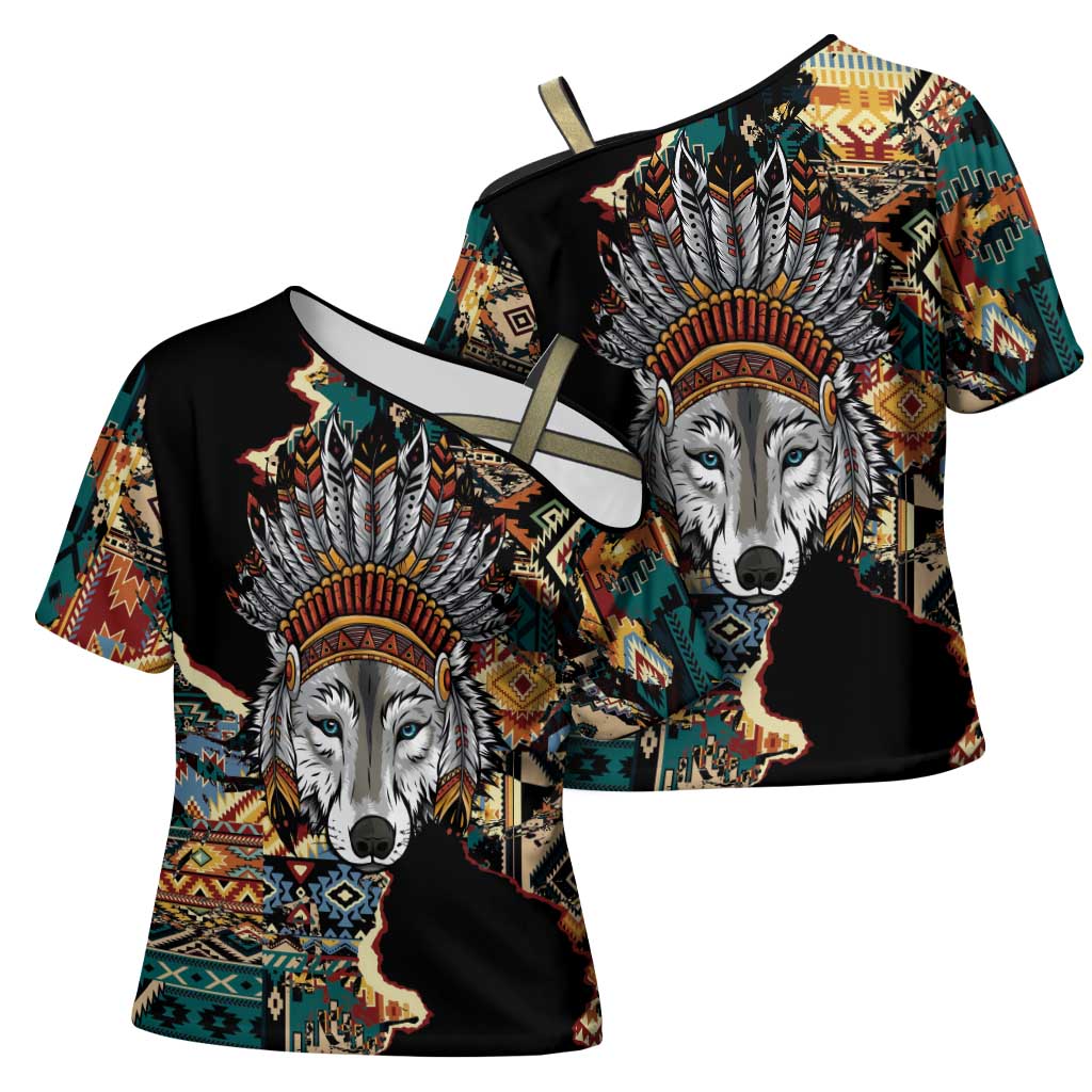 Native American Navajo Wolf Cross Shoulder Shirt Grunge Pattern