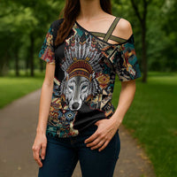 Native American Navajo Wolf Cross Shoulder Shirt Grunge Pattern