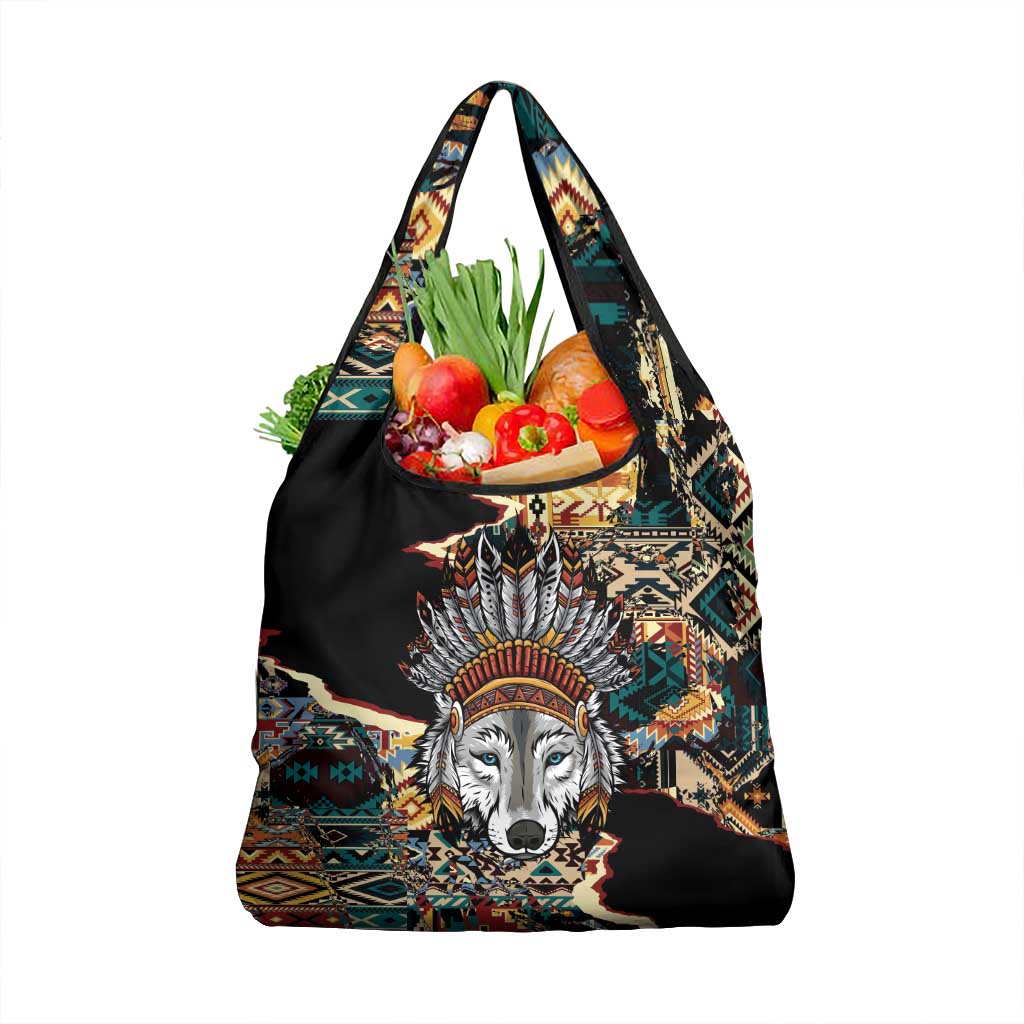 Native American Navajo Wolf Grocery Bag Grunge Pattern