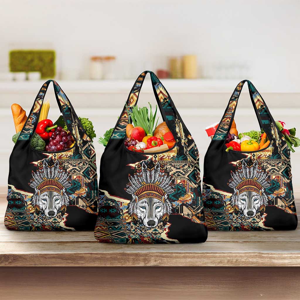 Native American Navajo Wolf Grocery Bag Grunge Pattern