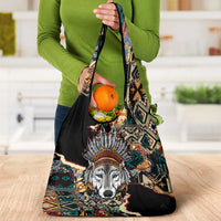 Native American Navajo Wolf Grocery Bag Grunge Pattern