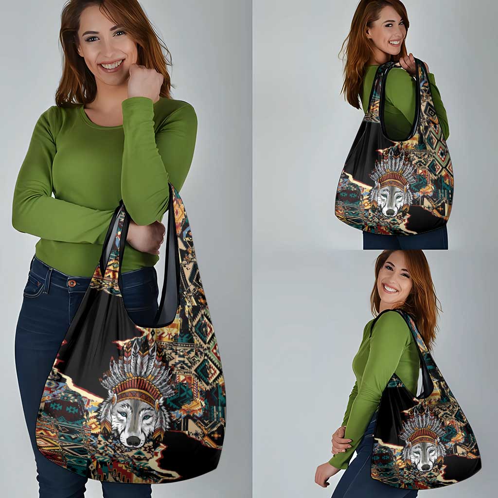 Native American Navajo Wolf Grocery Bag Grunge Pattern