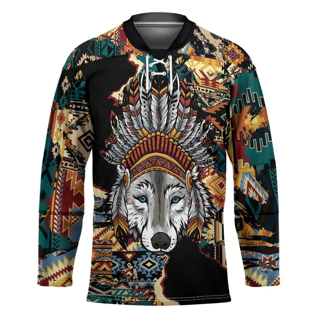 Native American Navajo Wolf Hockey Jersey Grunge Pattern