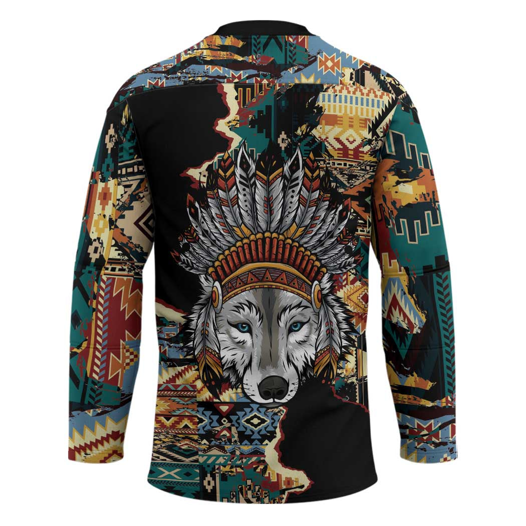 Native American Navajo Wolf Hockey Jersey Grunge Pattern