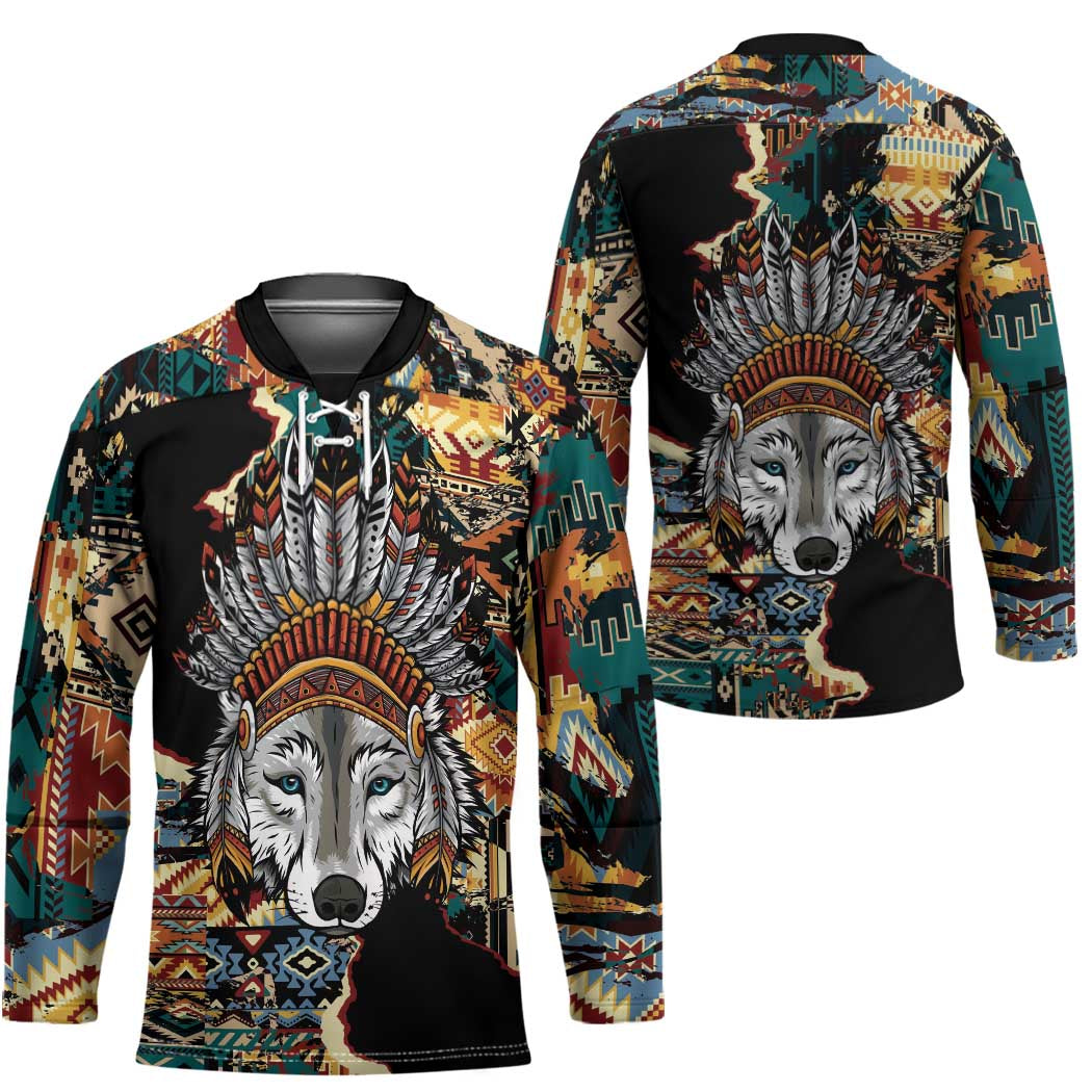 Native American Navajo Wolf Hockey Jersey Grunge Pattern