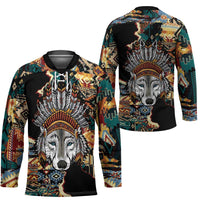 Native American Navajo Wolf Hockey Jersey Grunge Pattern