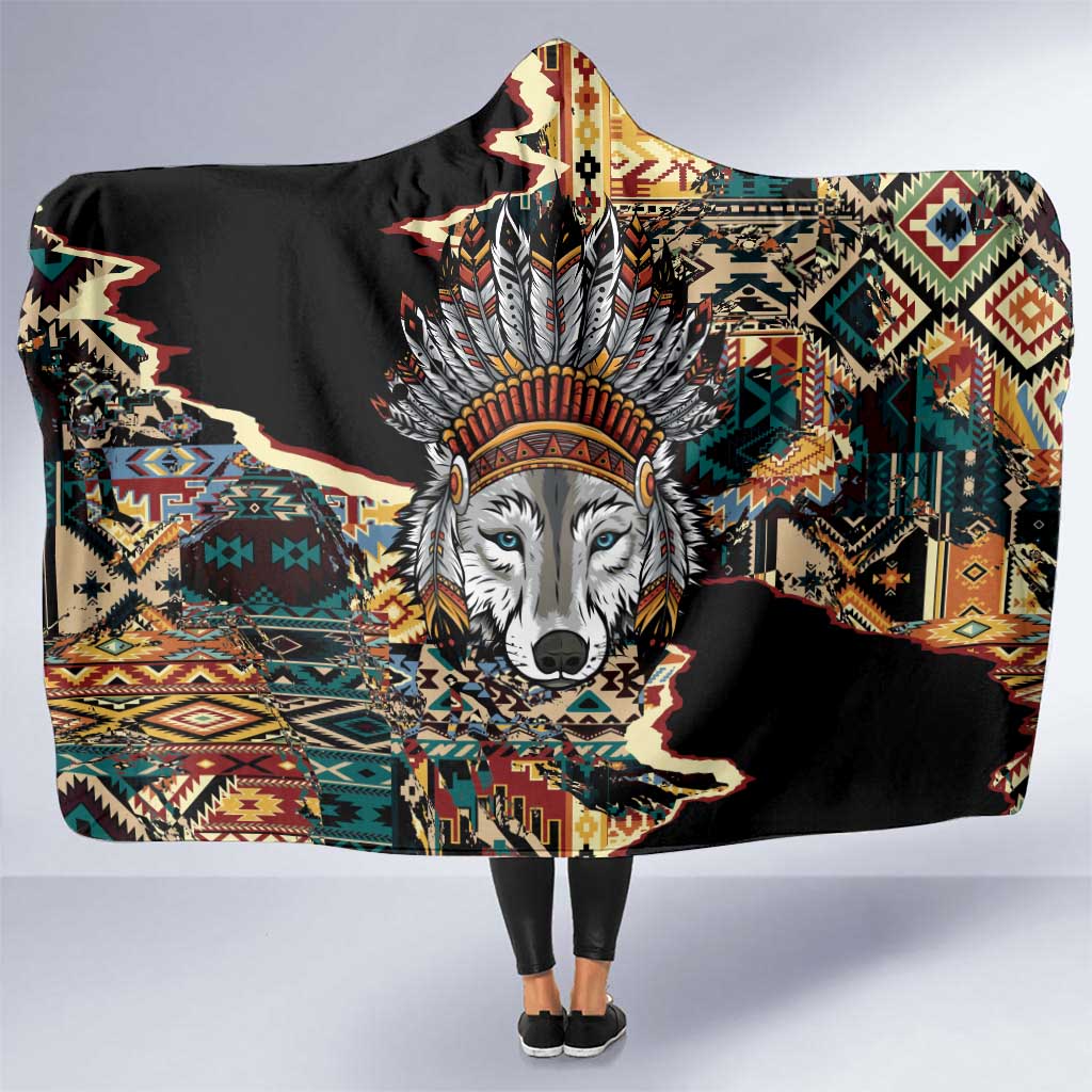 Native American Navajo Wolf Hooded Blanket Grunge Pattern