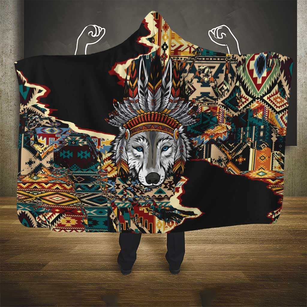 Native American Navajo Wolf Hooded Blanket Grunge Pattern