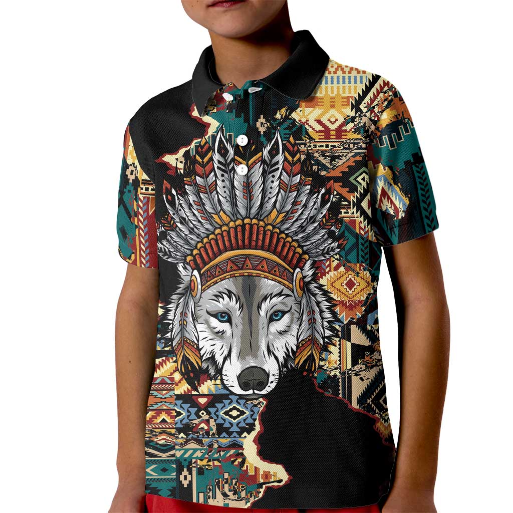 Native American Navajo Wolf Kid Polo Shirt Grunge Pattern