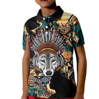 Native American Navajo Wolf Kid Polo Shirt Grunge Pattern