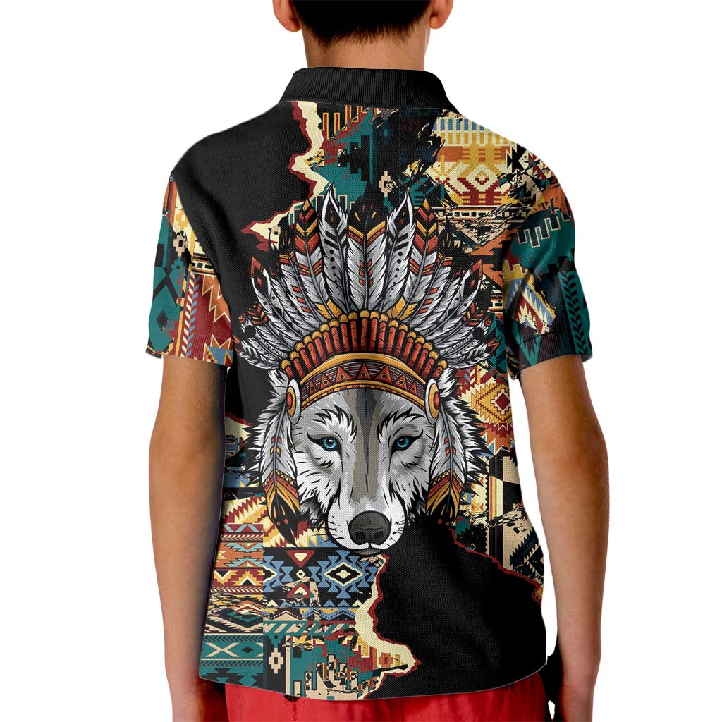 Native American Navajo Wolf Kid Polo Shirt Grunge Pattern