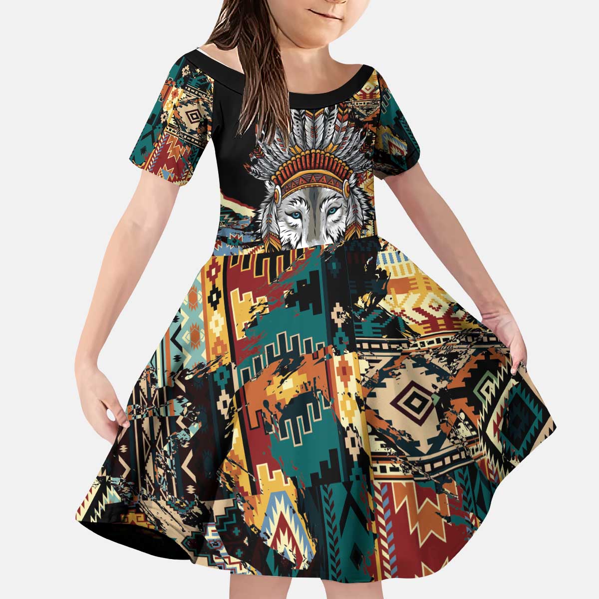 Native American Navajo Wolf Kid Short Sleeve Dress Grunge Pattern