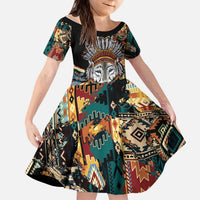 Native American Navajo Wolf Kid Short Sleeve Dress Grunge Pattern
