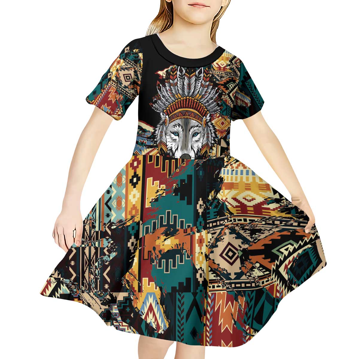 Native American Navajo Wolf Kid Short Sleeve Dress Grunge Pattern