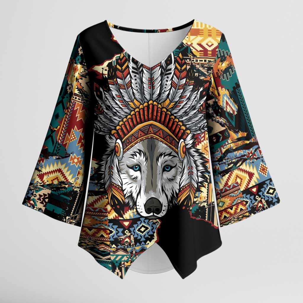 Native American Navajo Wolf Kimono Sleeve Blouse Grunge Pattern