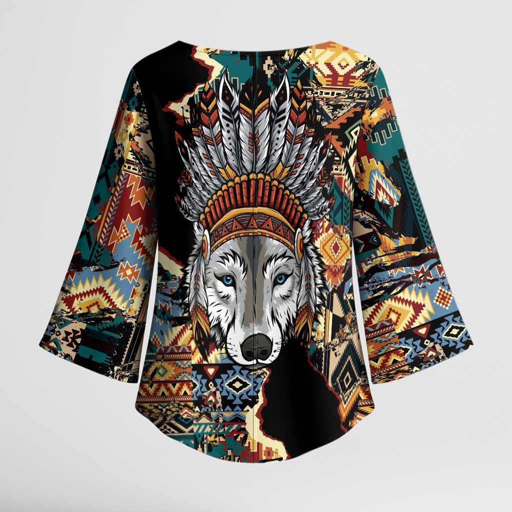 Native American Navajo Wolf Kimono Sleeve Blouse Grunge Pattern