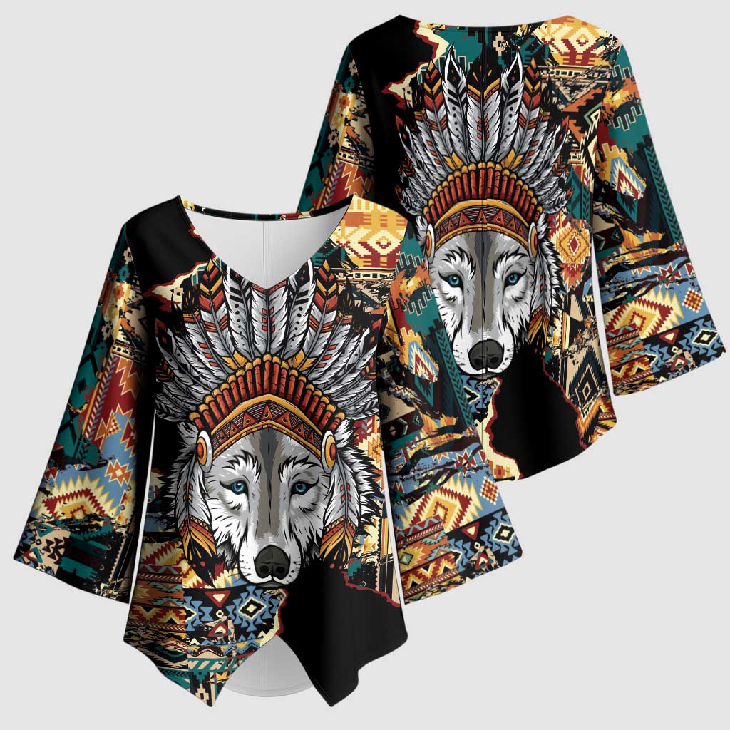 Native American Navajo Wolf Kimono Sleeve Blouse Grunge Pattern