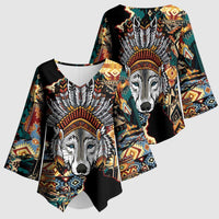 Native American Navajo Wolf Kimono Sleeve Blouse Grunge Pattern