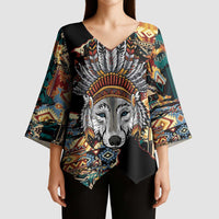 Native American Navajo Wolf Kimono Sleeve Blouse Grunge Pattern