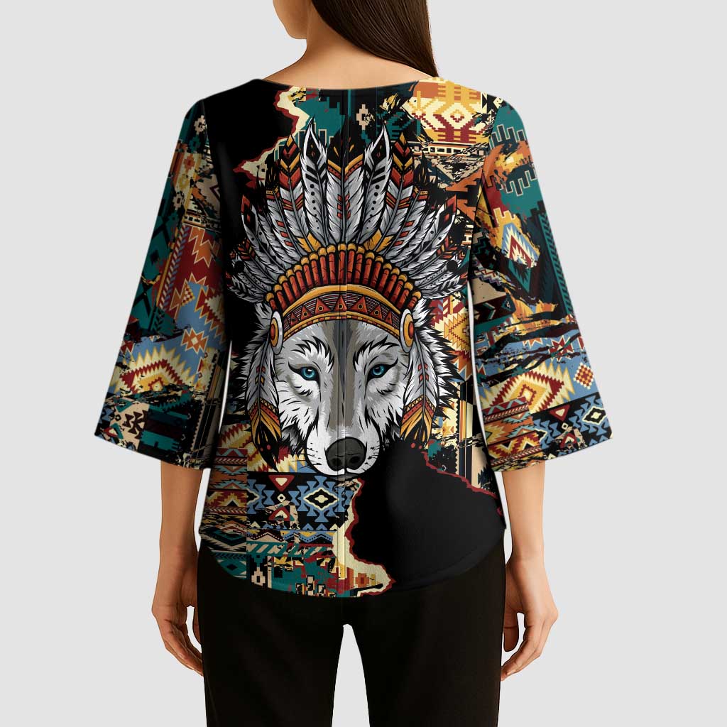 Native American Navajo Wolf Kimono Sleeve Blouse Grunge Pattern