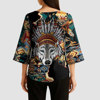 Native American Navajo Wolf Kimono Sleeve Blouse Grunge Pattern