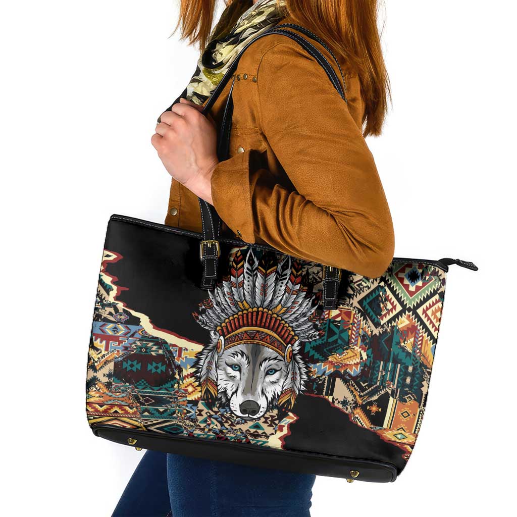 Native American Navajo Wolf Leather Tote Bag Grunge Pattern