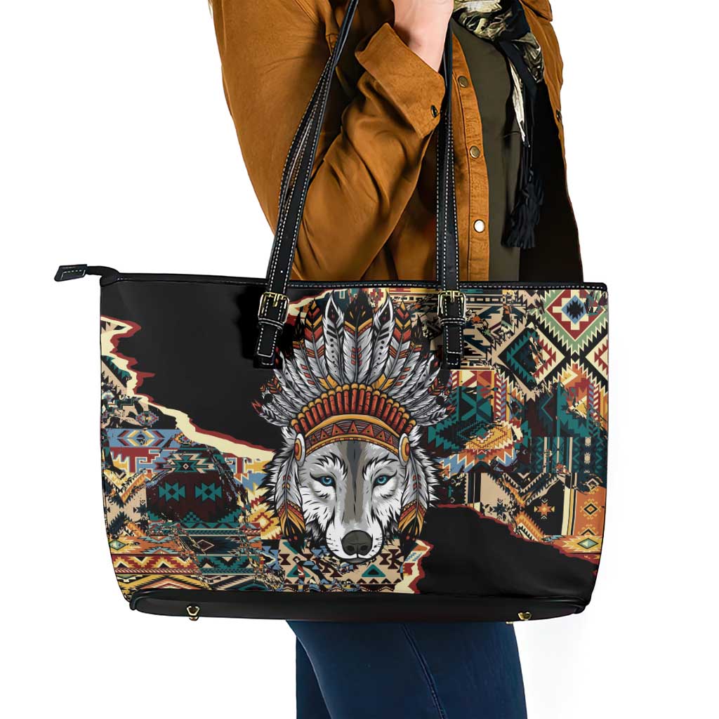 Native American Navajo Wolf Leather Tote Bag Grunge Pattern