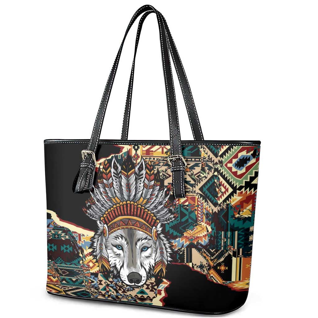 Native American Navajo Wolf Leather Tote Bag Grunge Pattern