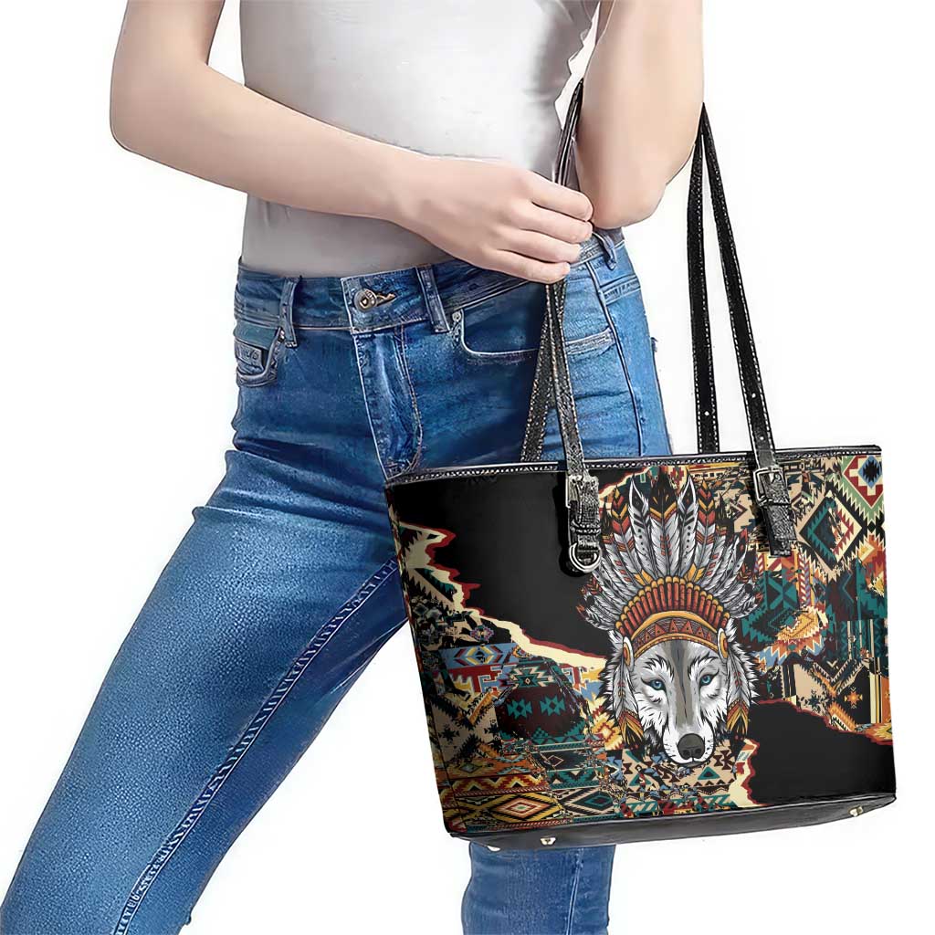 Native American Navajo Wolf Leather Tote Bag Grunge Pattern