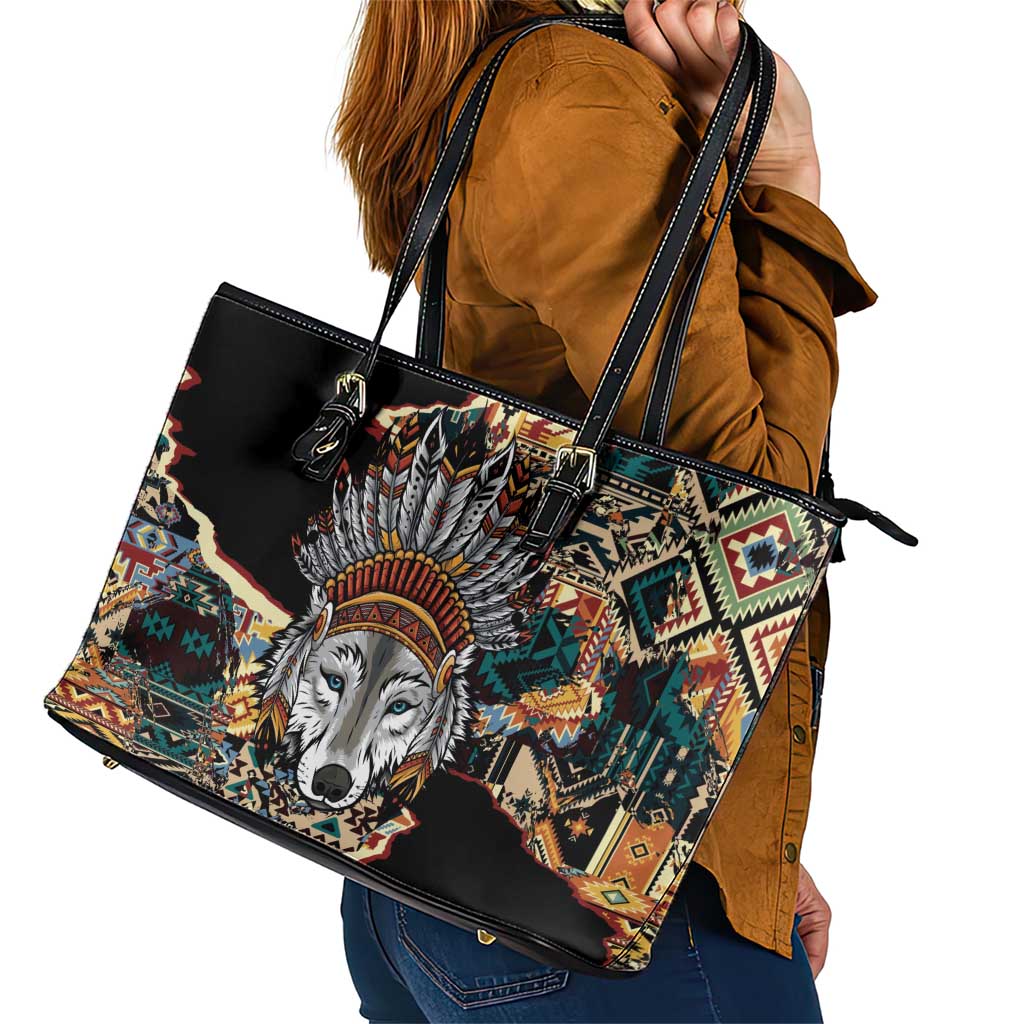Native American Navajo Wolf Leather Tote Bag Grunge Pattern