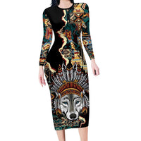 Native American Navajo Wolf Long Sleeve Bodycon Dress Grunge Pattern