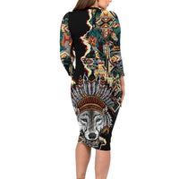 Native American Navajo Wolf Long Sleeve Bodycon Dress Grunge Pattern