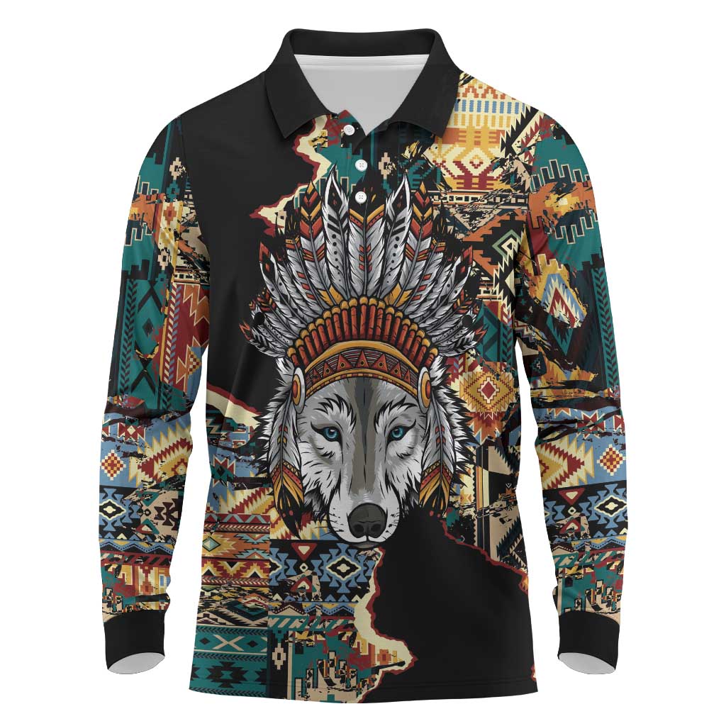 Native American Navajo Wolf Long Sleeve Polo Shirt Grunge Pattern