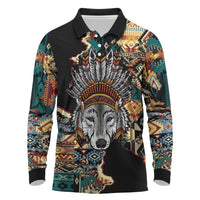 Native American Navajo Wolf Long Sleeve Polo Shirt Grunge Pattern