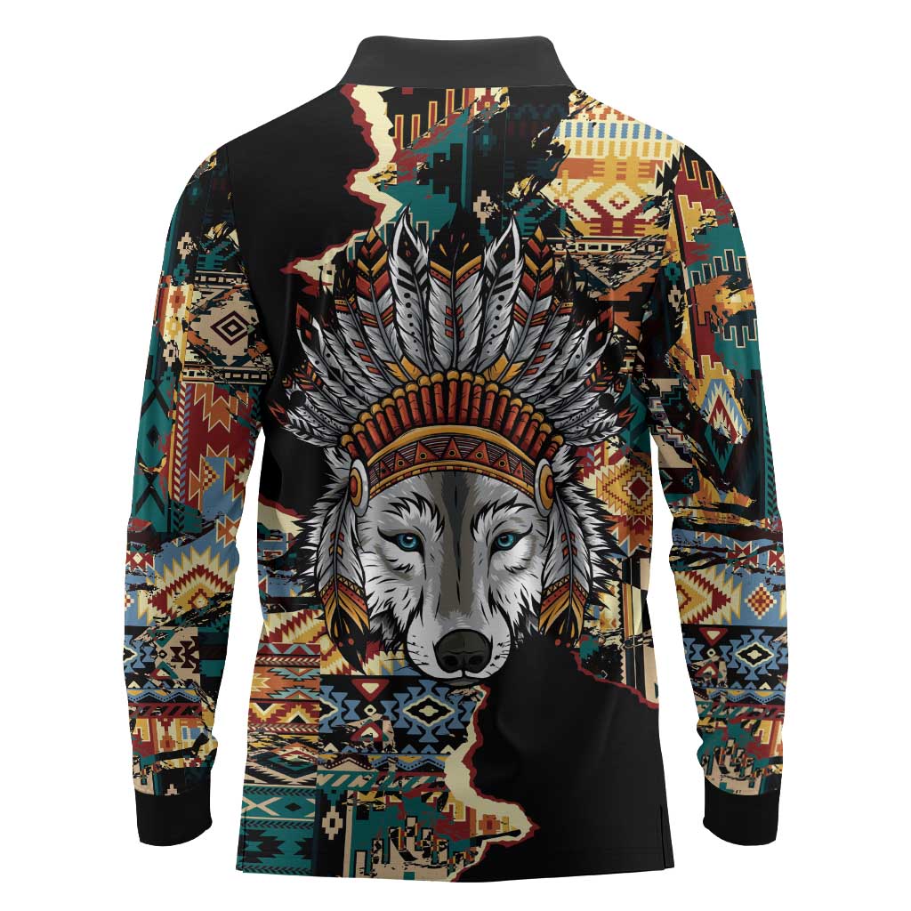 Native American Navajo Wolf Long Sleeve Polo Shirt Grunge Pattern