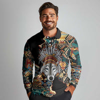 Native American Navajo Wolf Long Sleeve Polo Shirt Grunge Pattern