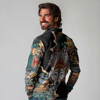Native American Navajo Wolf Long Sleeve Polo Shirt Grunge Pattern