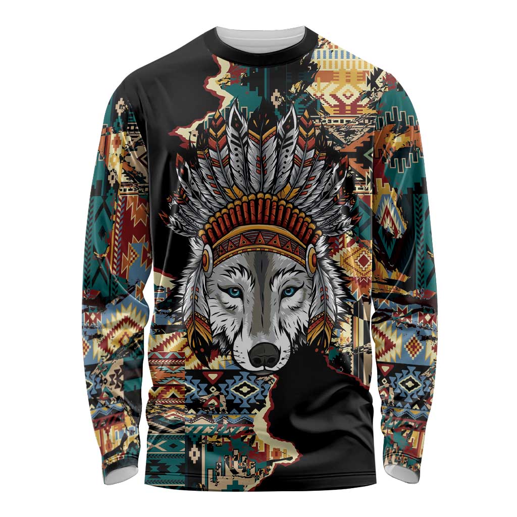 Native American Navajo Wolf Long Sleeve Shirt Grunge Pattern